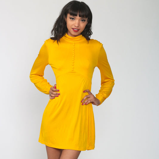 70s Yellow Babydoll Mini Dress Empire Waist Funnel Neck Long Sleeve Extra Small