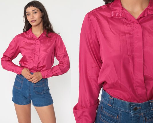 80s Pink Button-Up Blouse Long Sleeve Collared Shirt Medium
