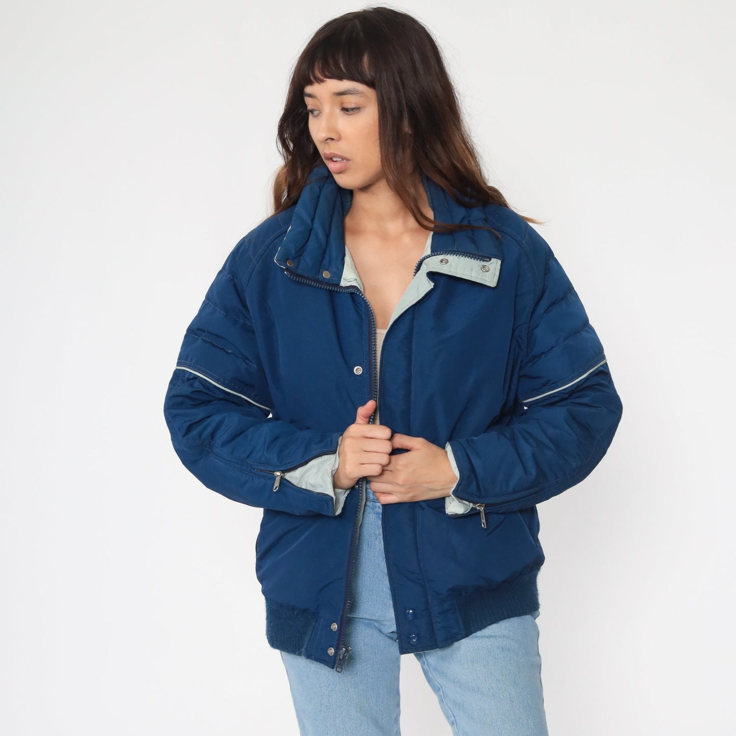 80s Blue Down Puffer Ski Jacket Nylon Striped Coat Large