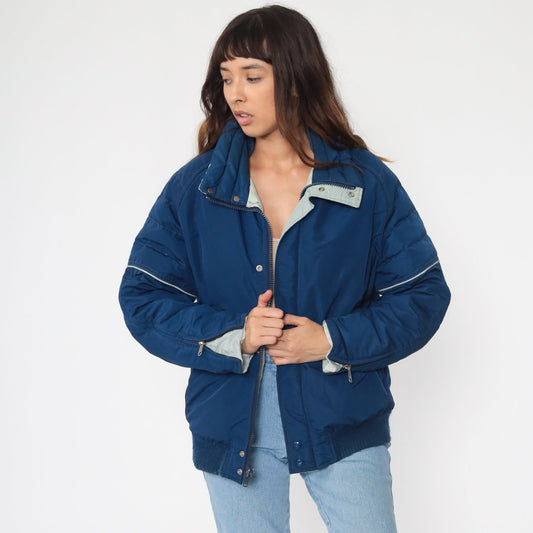 80s Blue Down Puffer Ski Jacket Nylon Striped Coat Large