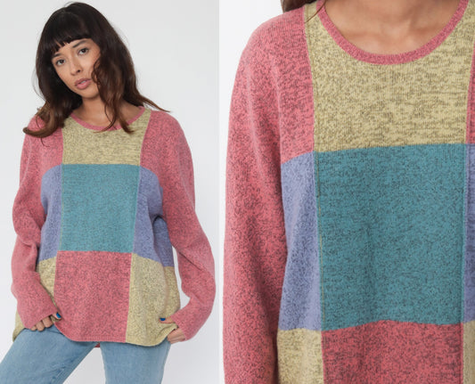 90s Christopher Banks Wool Blend Color Block Pullover Sweater Pink Teal Large