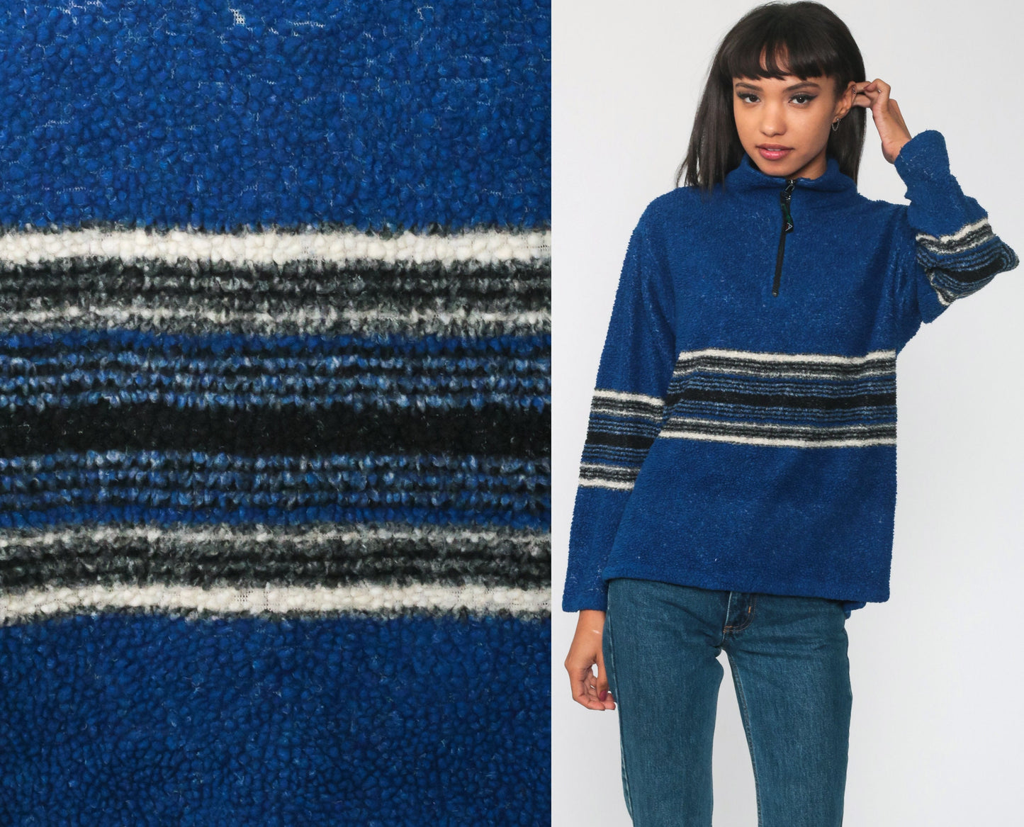 90s Avalanche Blue Striped Fleece Half-Zip Pullover Jacket Small