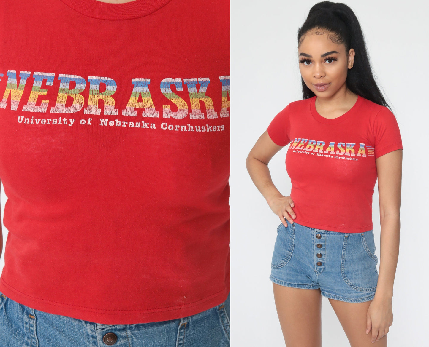80s Nebraska Huskers Rainbow T-Shirt Cotton Tee Extra Small XXS