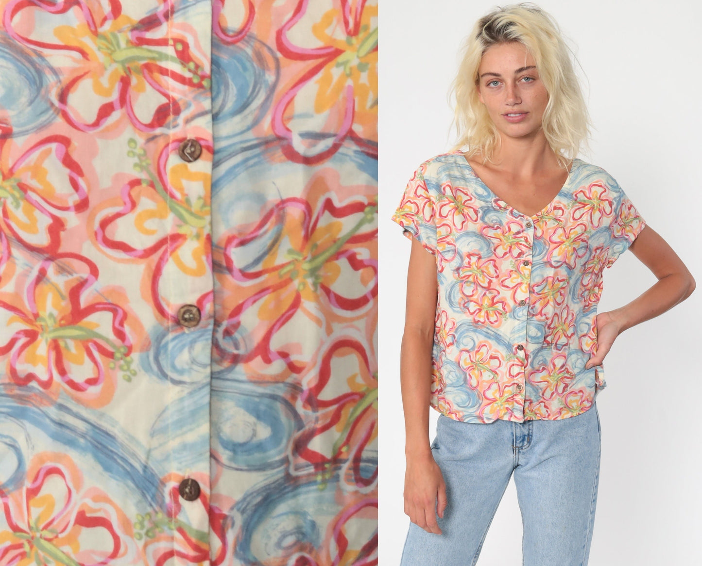 90s Floral Swirl Rayon Button Up Blouse Short Sleeve Pink Blue Medium