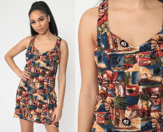 90s Floral Mini Sundress Criss Cross Back Rayon Small