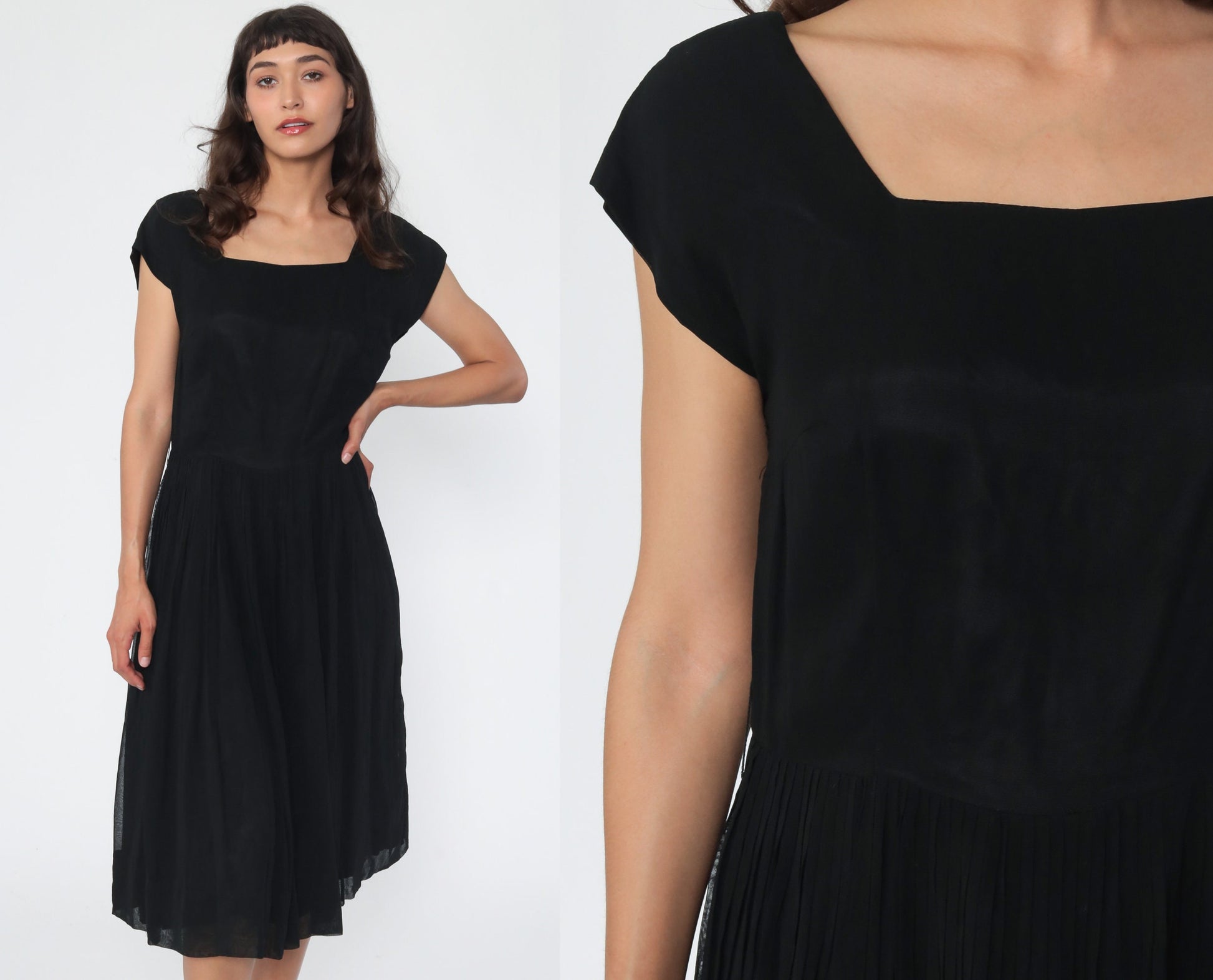 1950s Black Chiffon Sheath Dress Tea Length High Waist Side Zip Medium