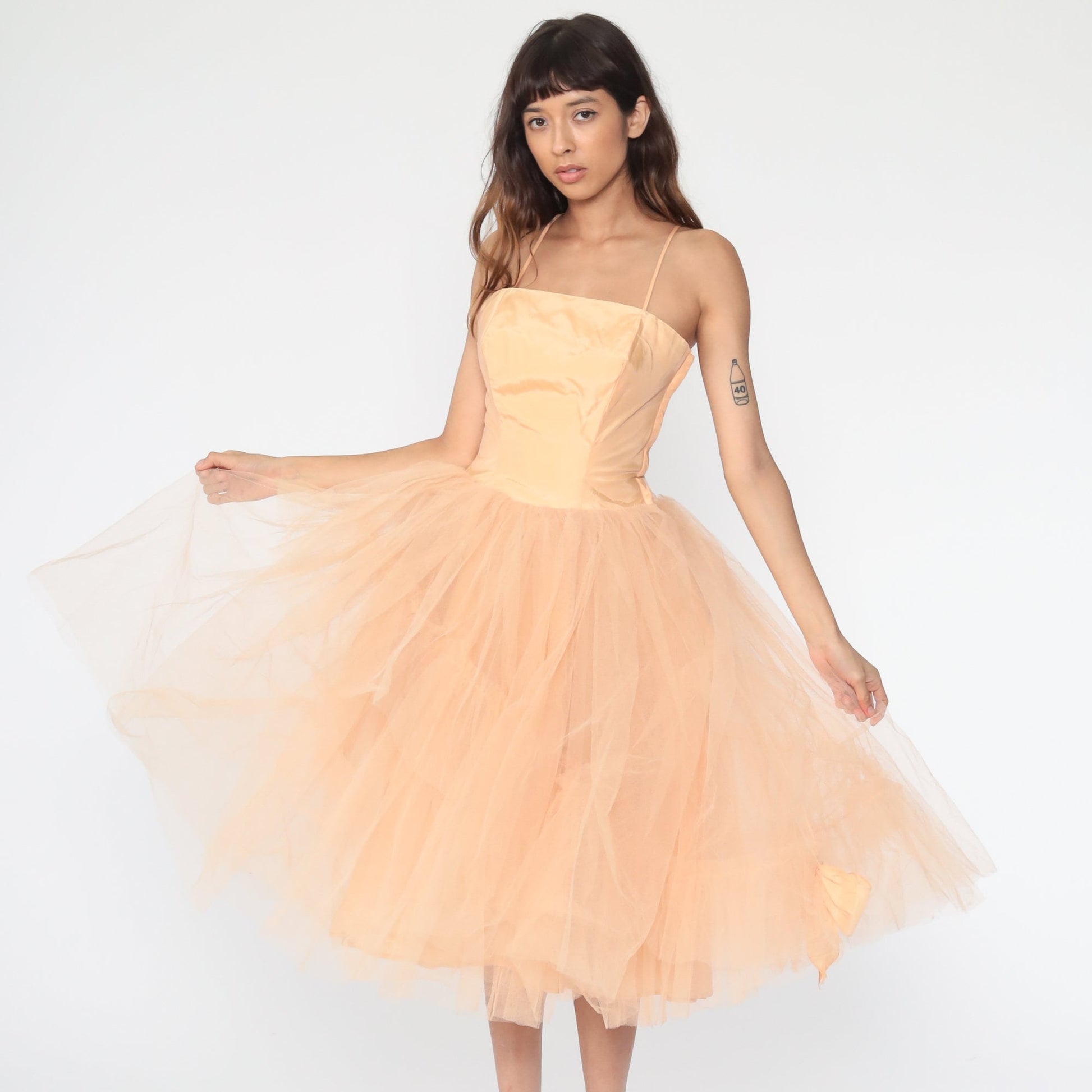 1950s Peach Tulle Party Dress Spaghetti Strap Gown Extra Small