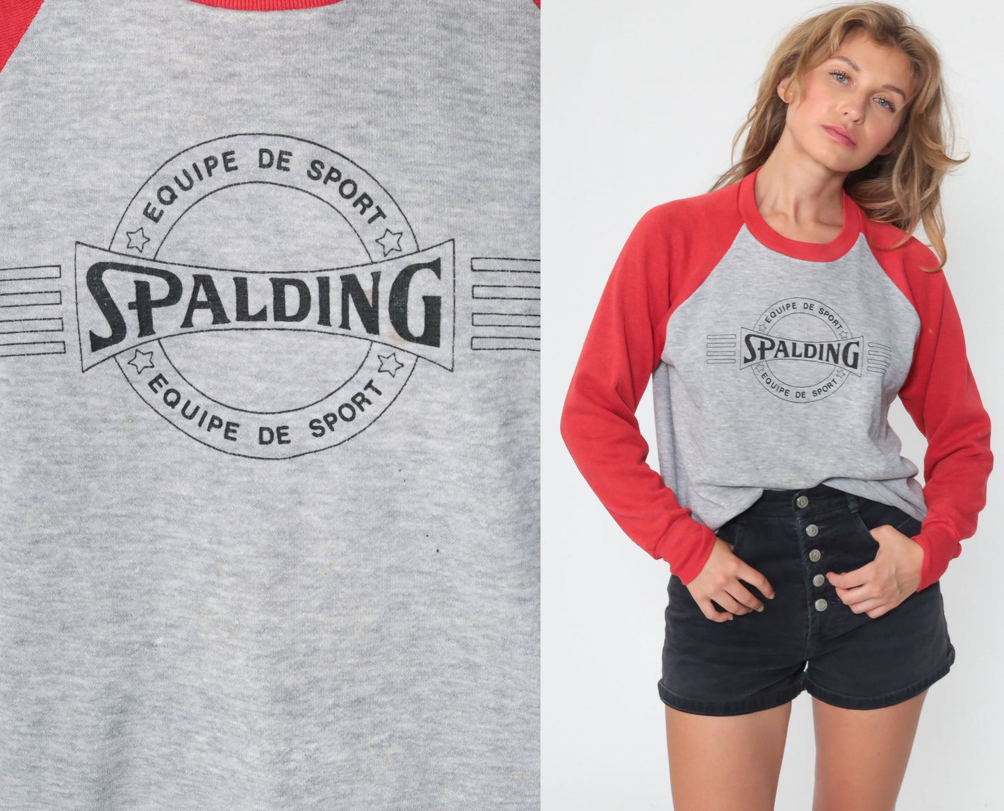 90s Spalding Crewneck Sweatshirt Grey Red Raglan Graphic Medium