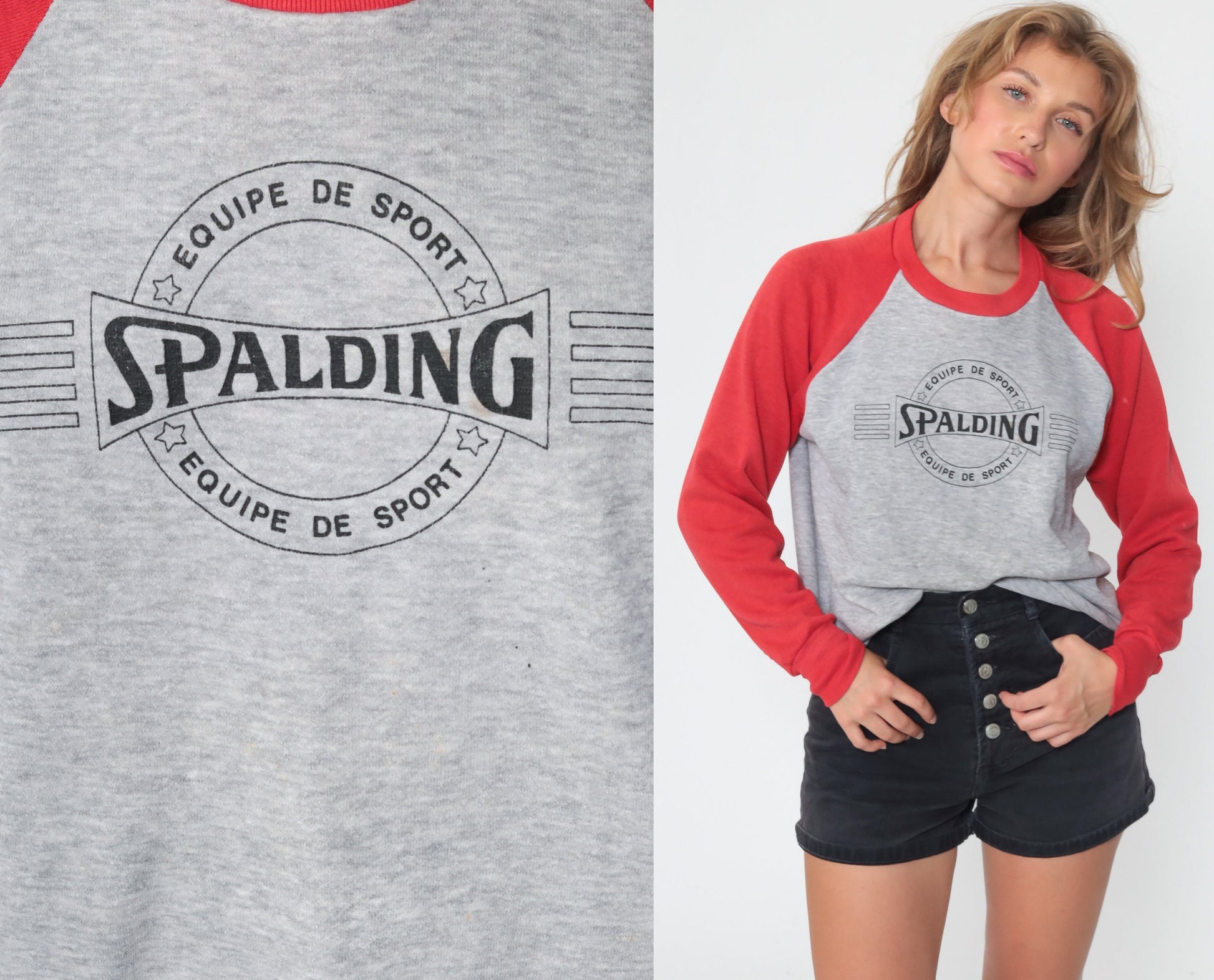 90s Spalding Crewneck Sweatshirt Grey Red Raglan Graphic Medium