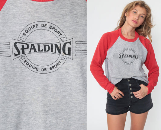 90s Spalding Crewneck Sweatshirt Grey Red Raglan Graphic Medium