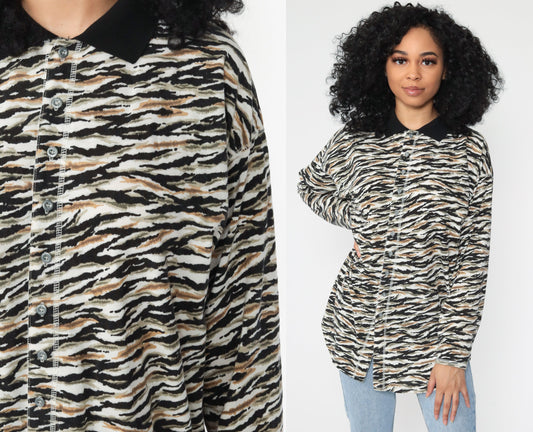 90s Tiger Print Button-Up Blouse Long Sleeve Collared Top Large
