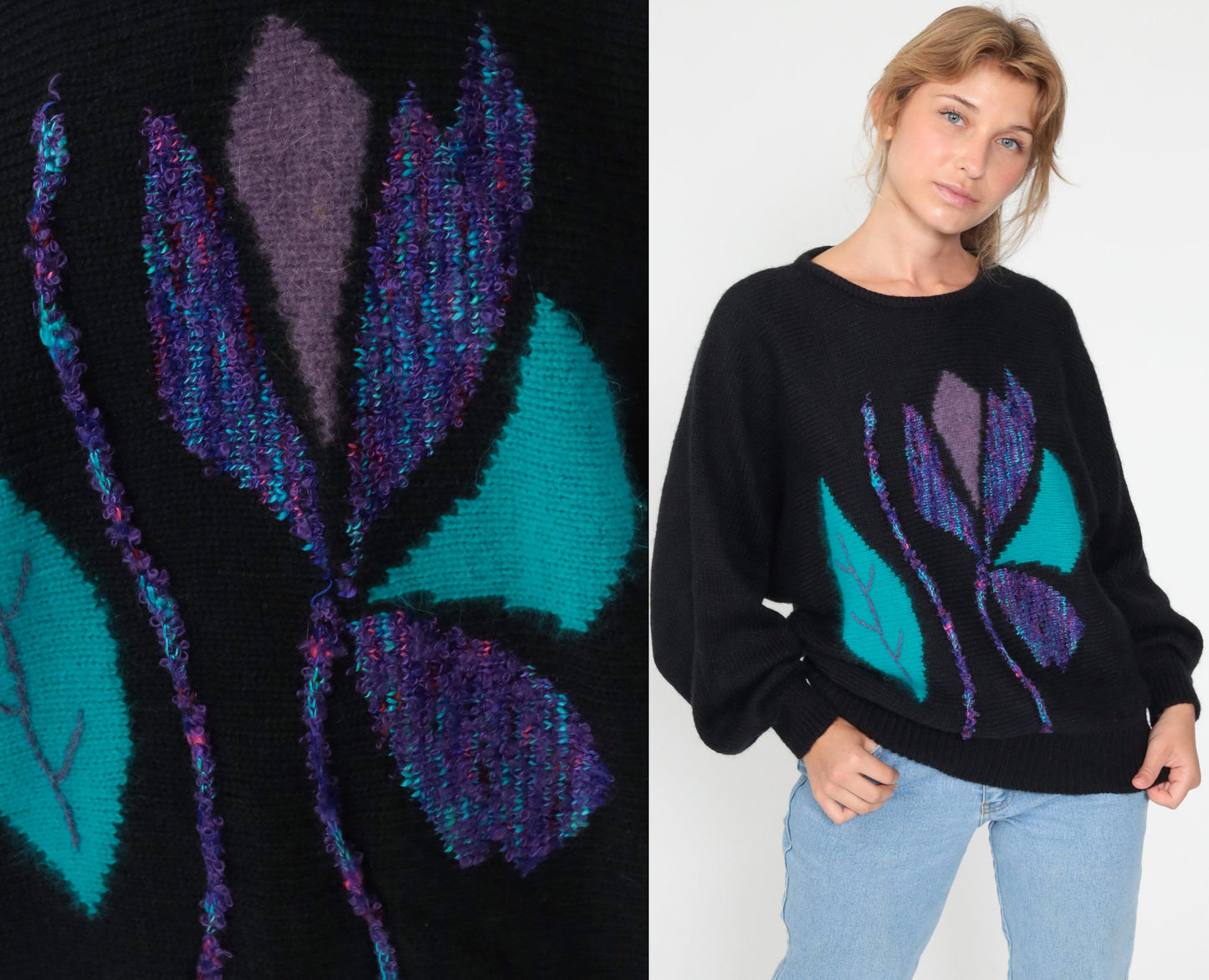 80s Black Angora Floral Sweater Dolman Sleeve Knit Pullover Large