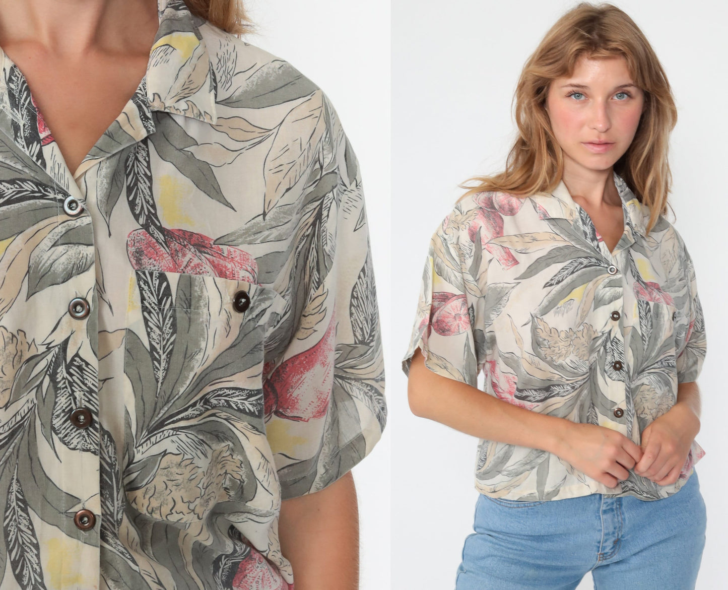 90s Tropical Fruit Print Hawaiian Button-Up Shirt Medium