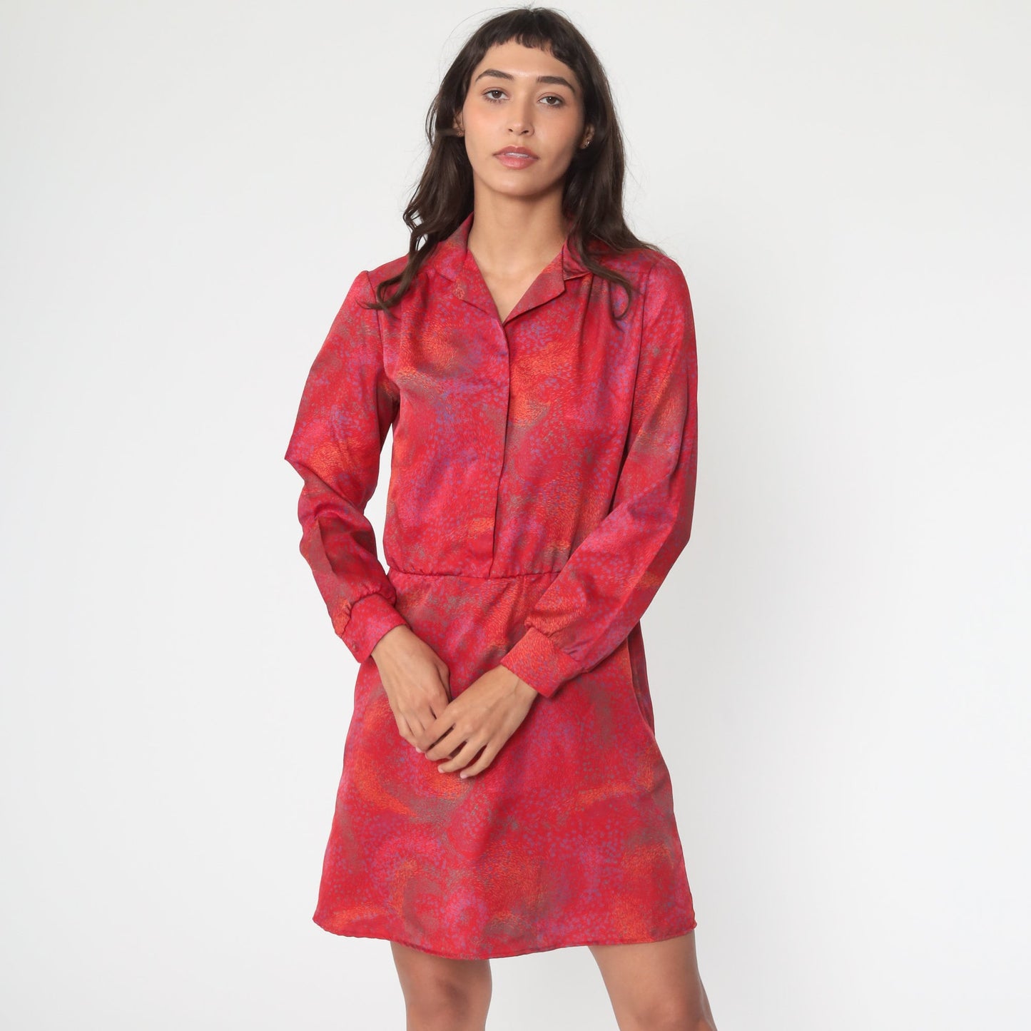 70s Red Brushstroke Mini Dress High Waisted Button Up Long Sleeve Medium