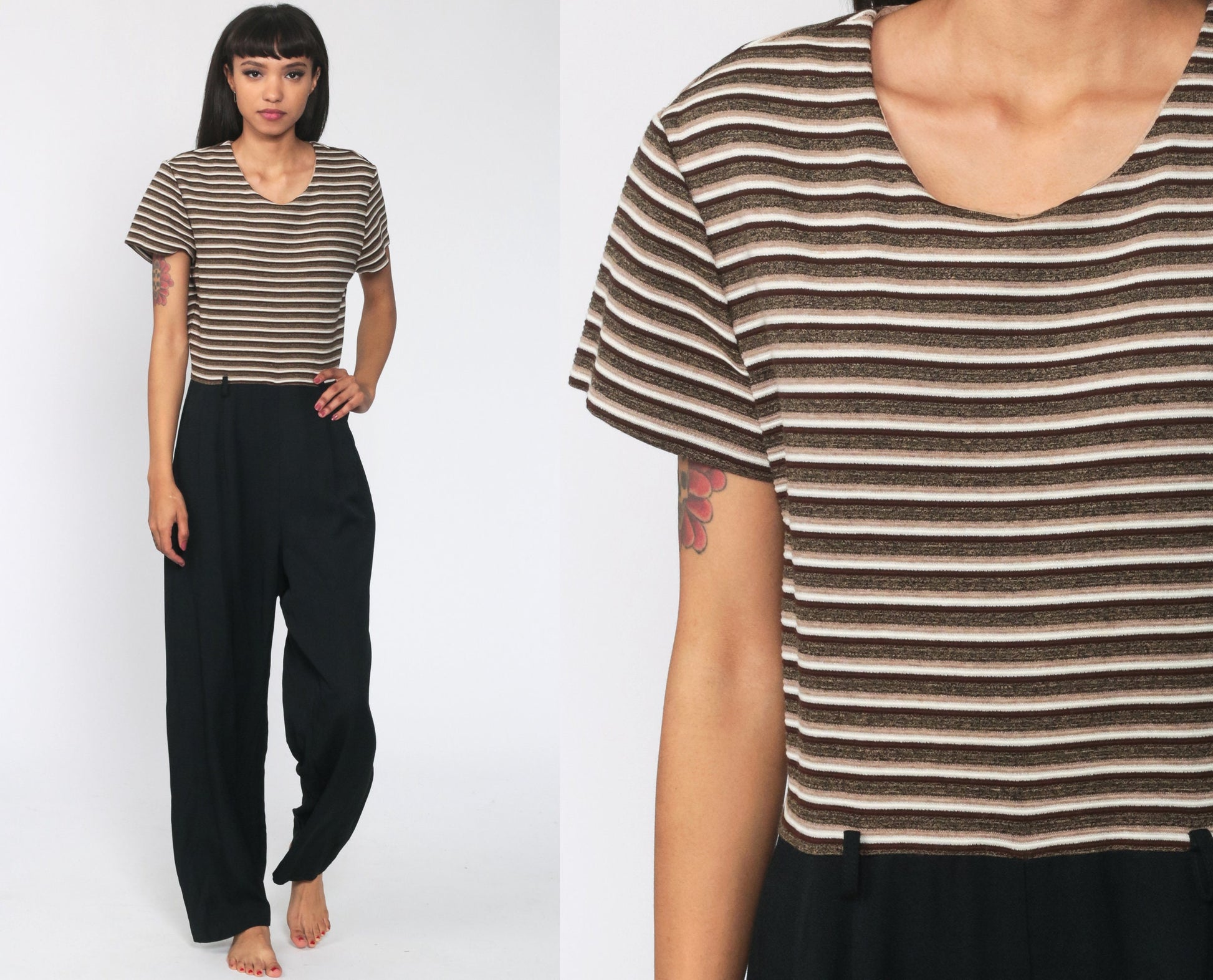 80s Striped Jumpsuit Black Tapered Legs Short Sleeve Medium Large