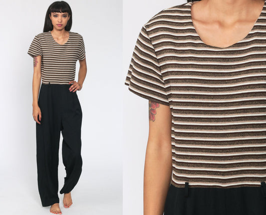 80s Striped Jumpsuit Black Tapered Legs Short Sleeve Medium Large