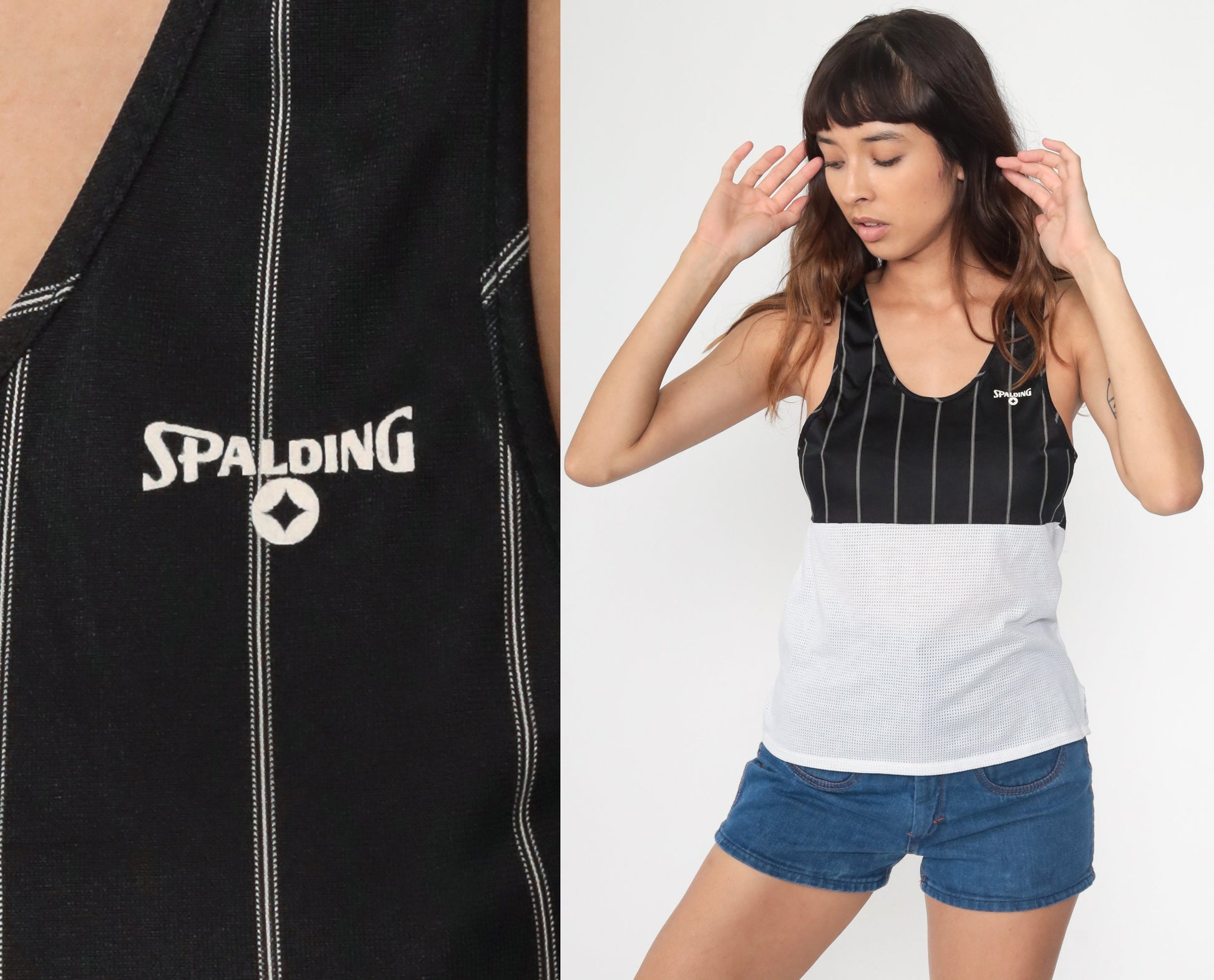 80s Spalding Mesh Tank Top Black White Color Block Sheer Small