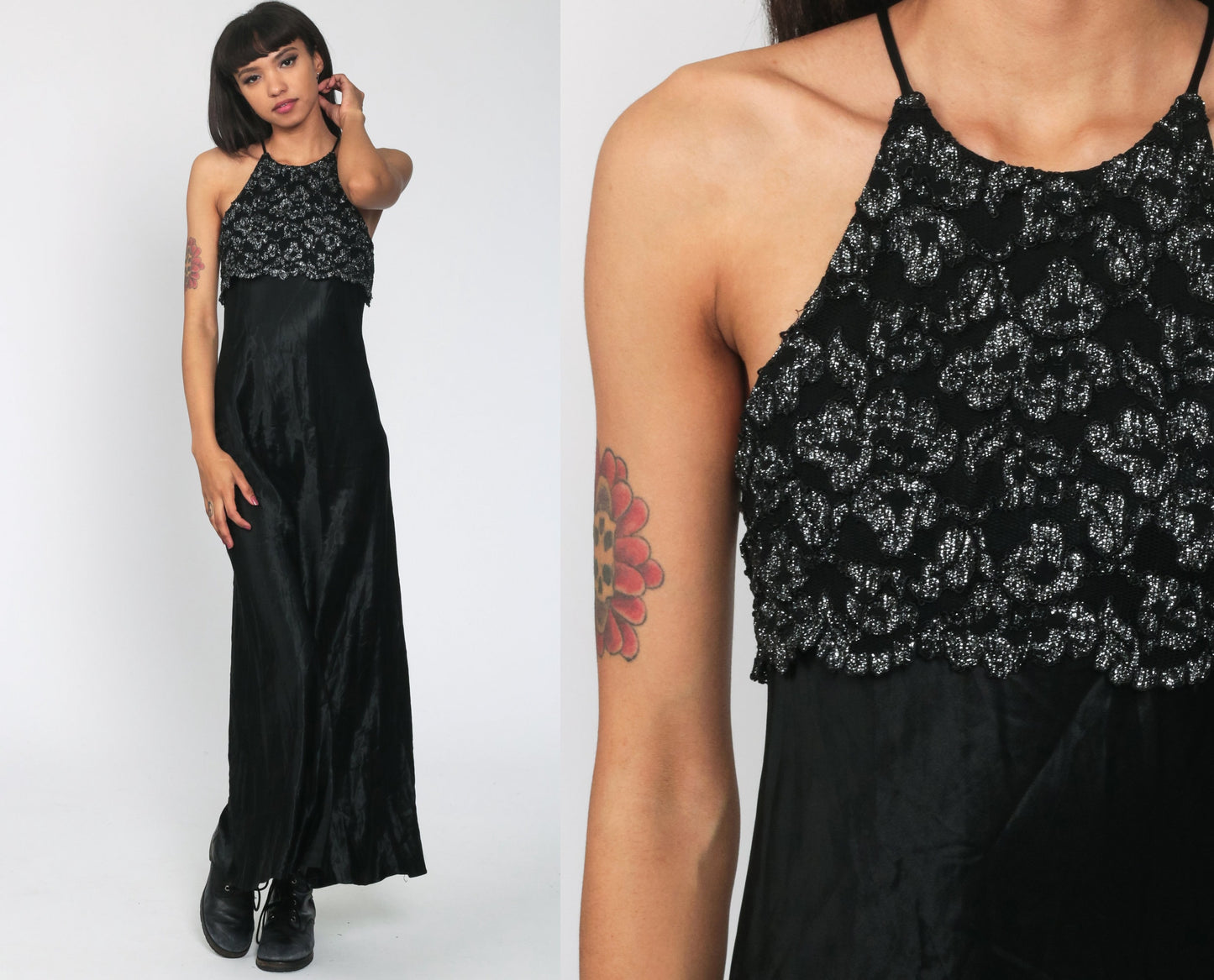 90s Black Metallic Lace Maxi Dress Spaghetti Strap Racerback Small