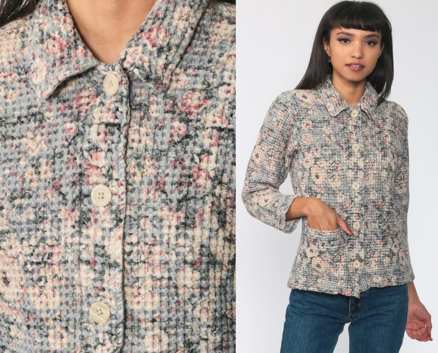90s Waffle Knit Floral Button-Up Shirt Long Sleeve Cotton Blend Small