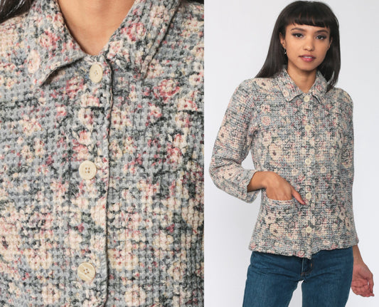 90s Waffle Knit Floral Button-Up Shirt Long Sleeve Cotton Blend Small