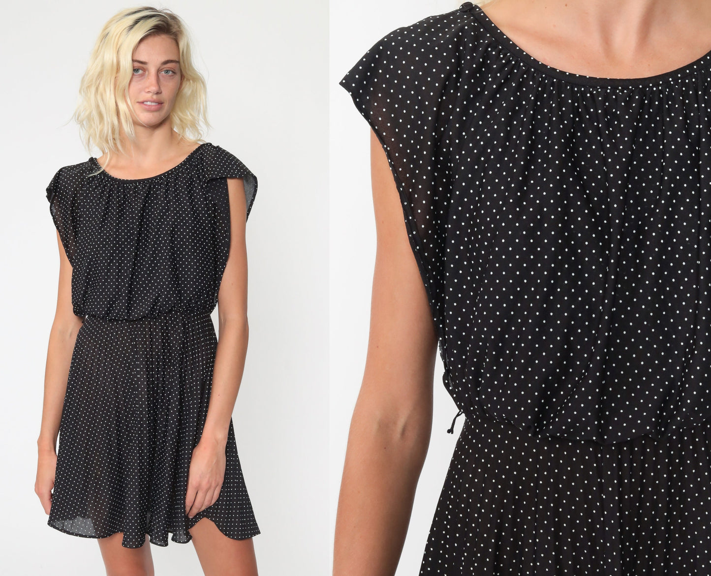 70s Black Polka Dot Mini Dress Flutter Sleeve High Waist Extra Small