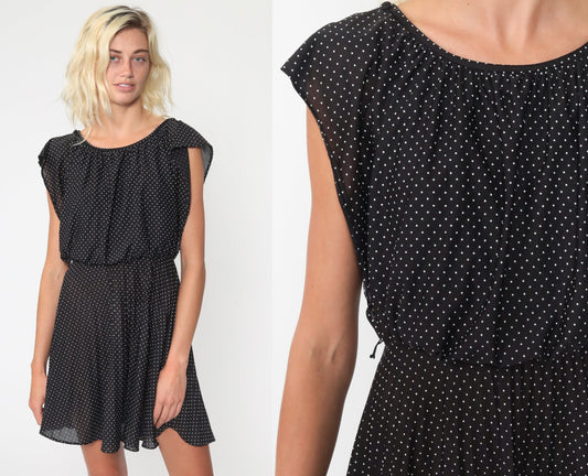 70s Black Polka Dot Mini Dress Flutter Sleeve High Waist Extra Small