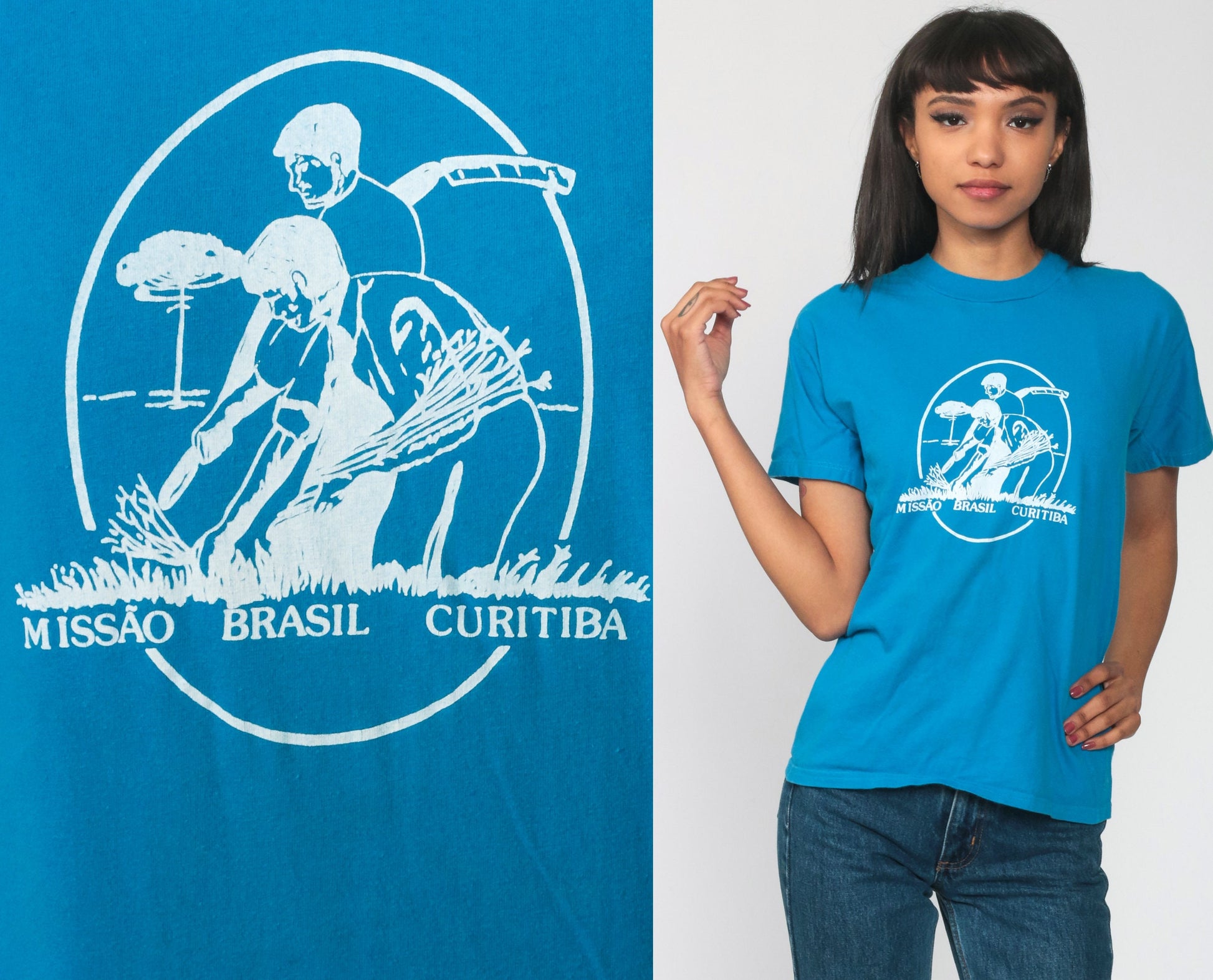 80s Curitiba Brazil Mission Graphic T-Shirt Cotton Blue Extra Small