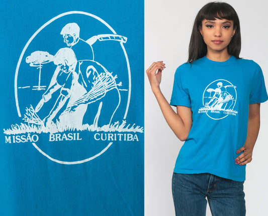 80s Curitiba Brazil Mission Graphic T-Shirt Cotton Blue Extra Small