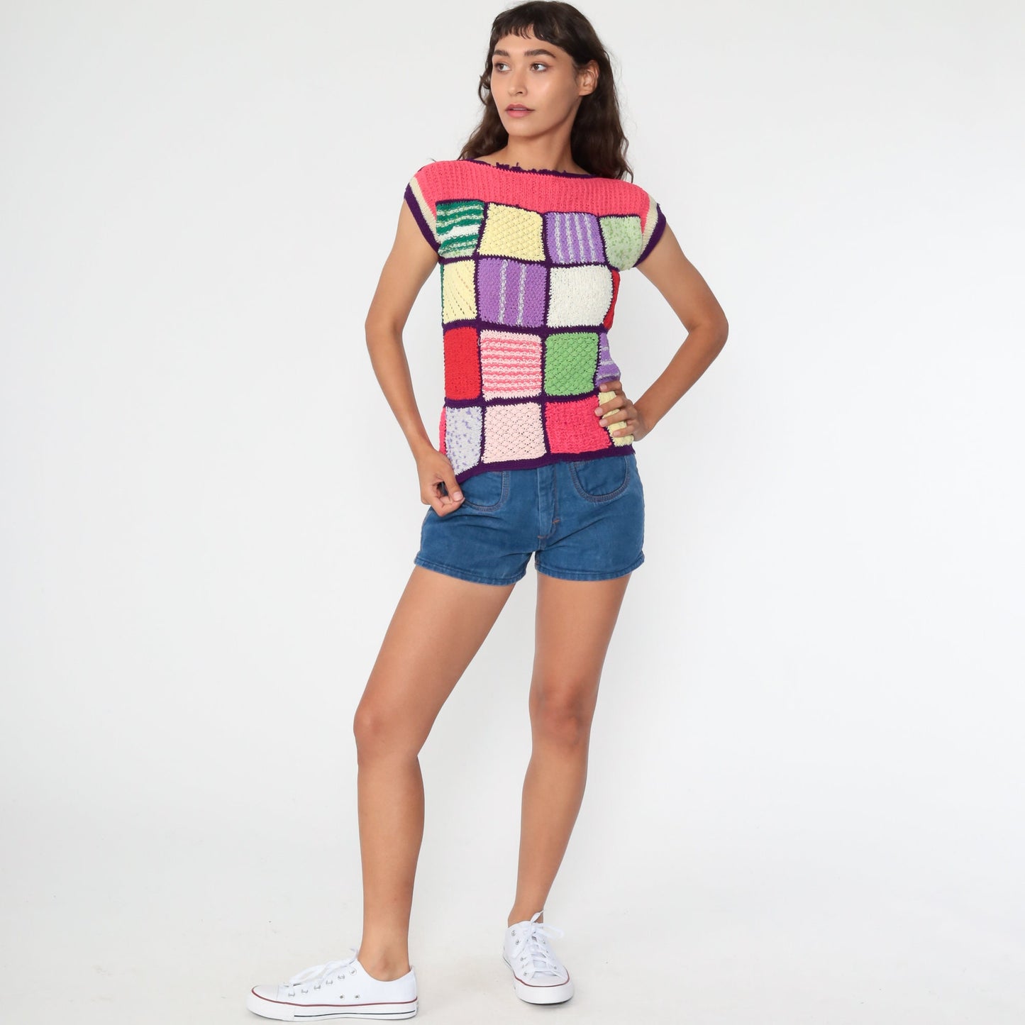 70s Patchwork Knit Top Rainbow Boatneck Short Sleeve Pink Purple Extra Small