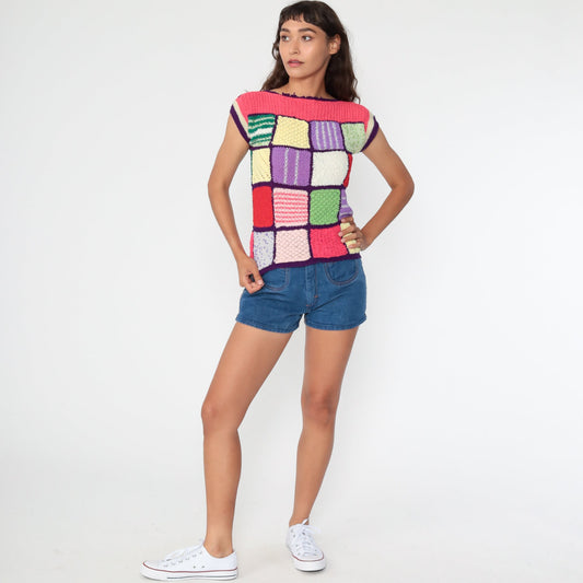 70s Patchwork Knit Top Rainbow Boatneck Short Sleeve Pink Purple Extra Small