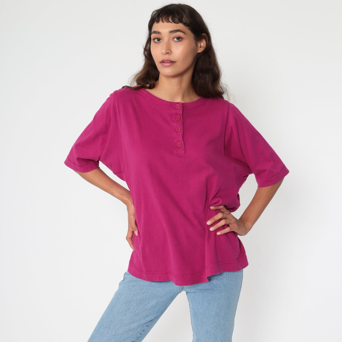 80s Deep Pink Half-Button Polo Shirt Cotton Blend Short Sleeve Large