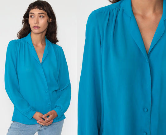 80s Blue Button-Up Blouse Collared Long Sleeve Shirt Medium