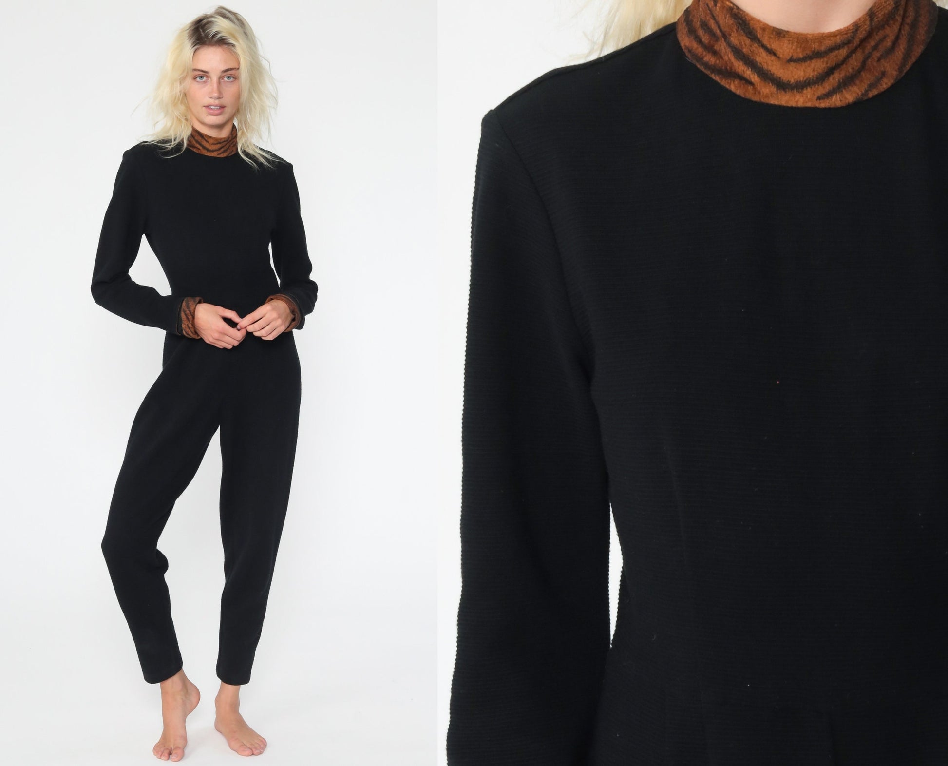 90s Black Jumpsuit Tiger Print Collar Turtleneck Tapered Small S