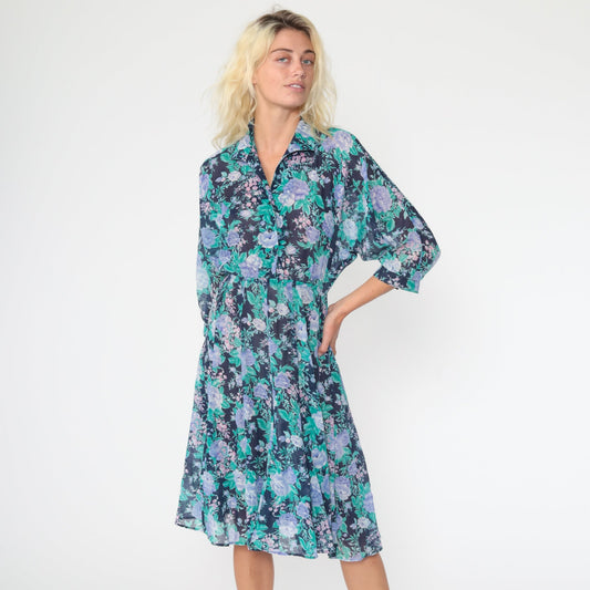 70s Blue Floral Midi Dress Button-Up High Waist Dolman Sleeve Extra Small