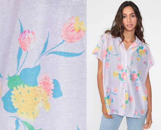 80s Lavender Floral Button-Up Blouse Short Sleeve Semi-Sheer Purple Top Large
