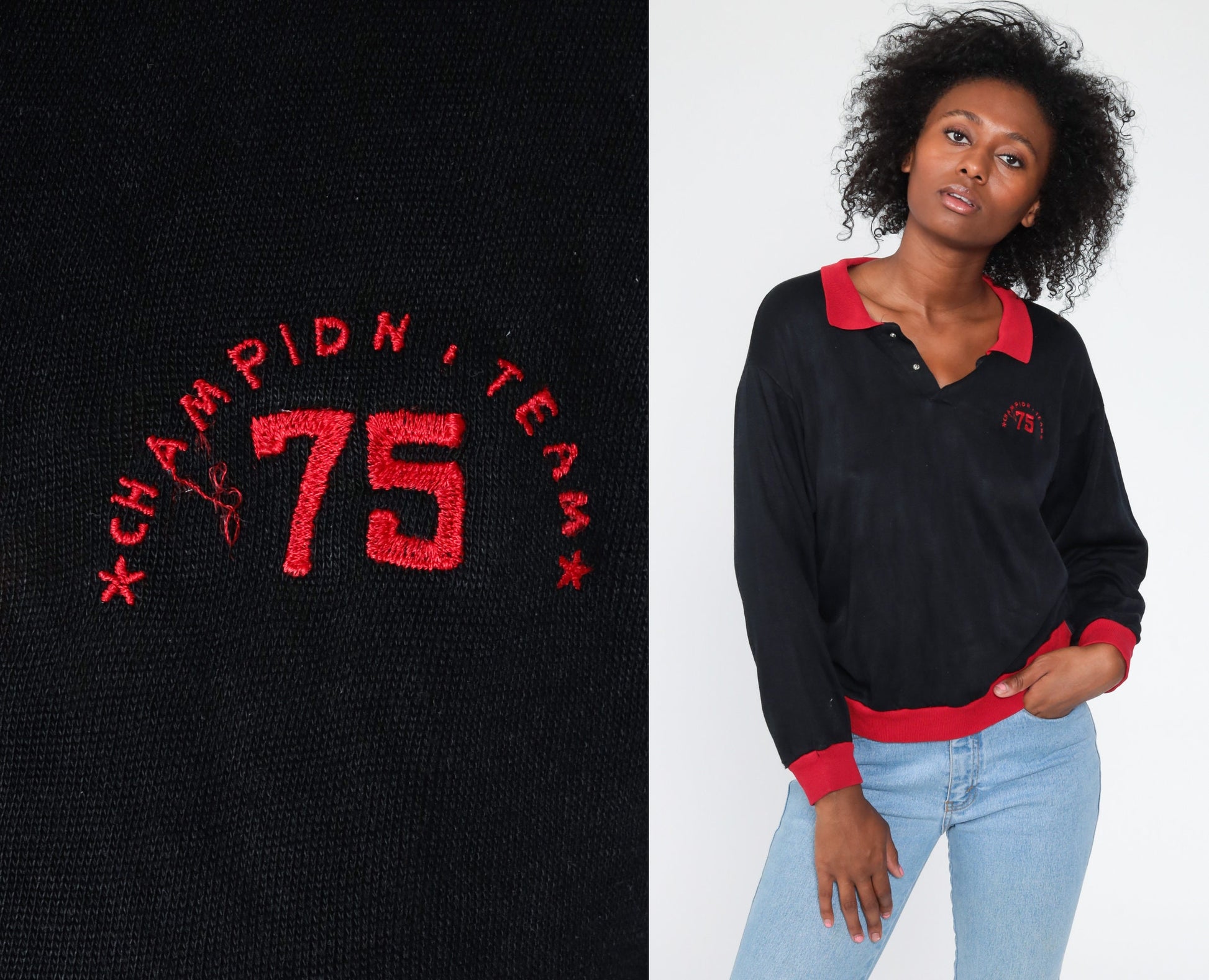 80s Champion Team 75 Black Half-Button Sweatshirt Small Medium