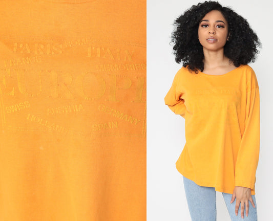90s Europe Travel Graphic Long Sleeve T-Shirt Yellow Cotton Extra Large XL