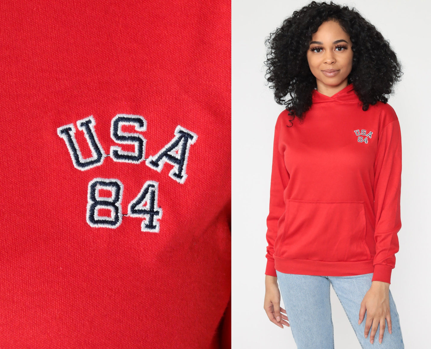 1984 USA Olympics Hooded T-Shirt Kangaroo Pocket Red Small