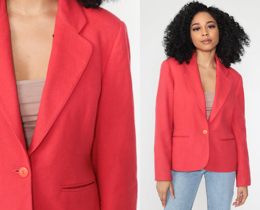 80s Red Wool Blazer Tailored Jacket Medium