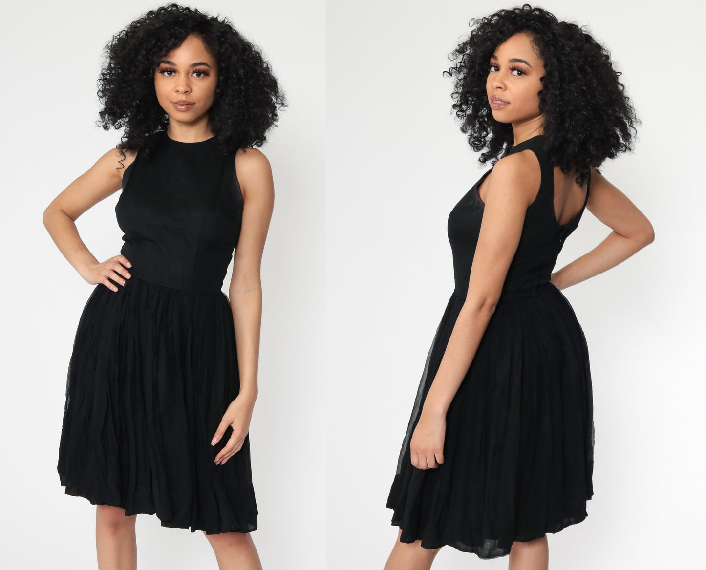 60s Jonathan Logan Black Chiffon Midi Dress High Waist Extra Small