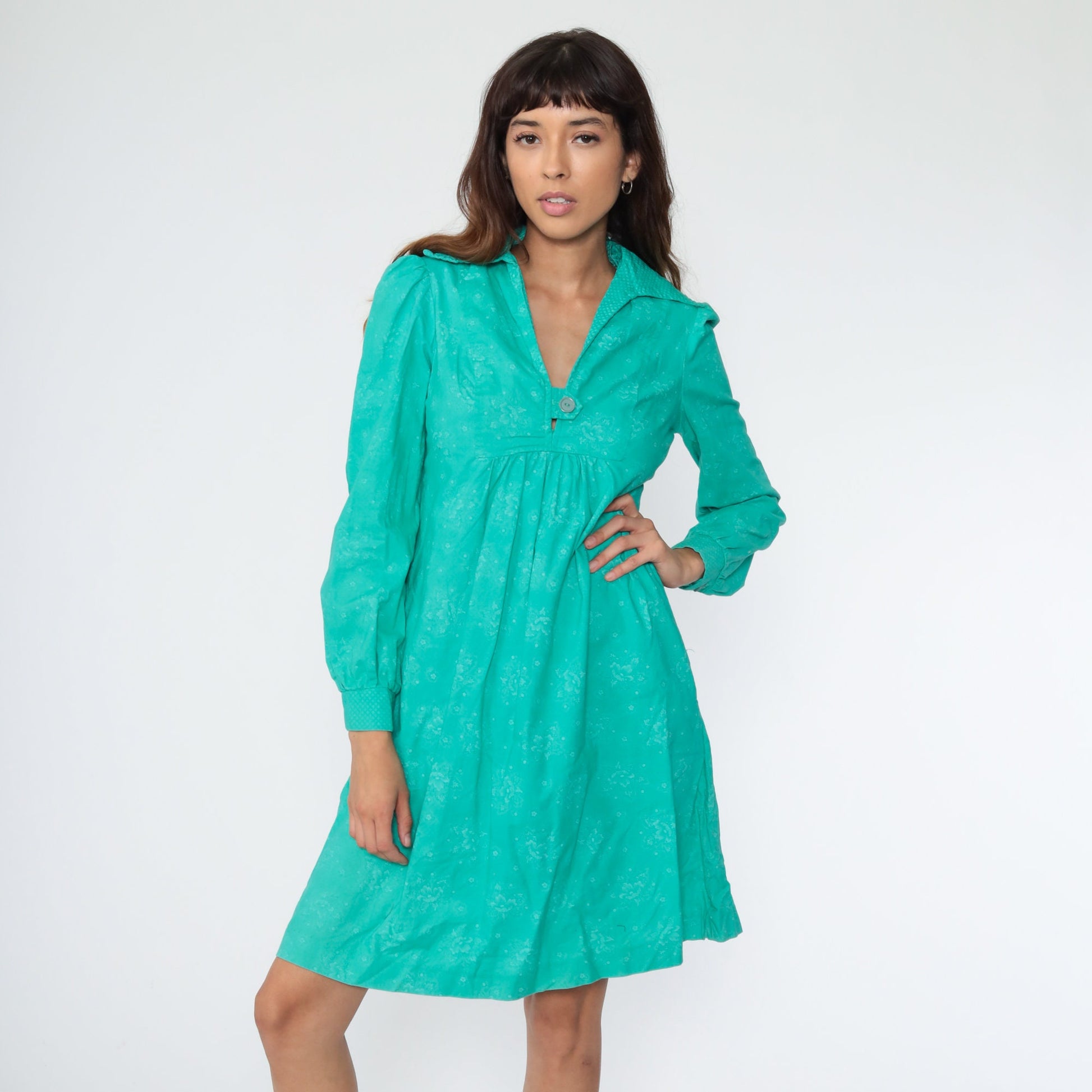 60s Green Floral Babydoll Dress Puff Sleeve Mini Empire Waist Small