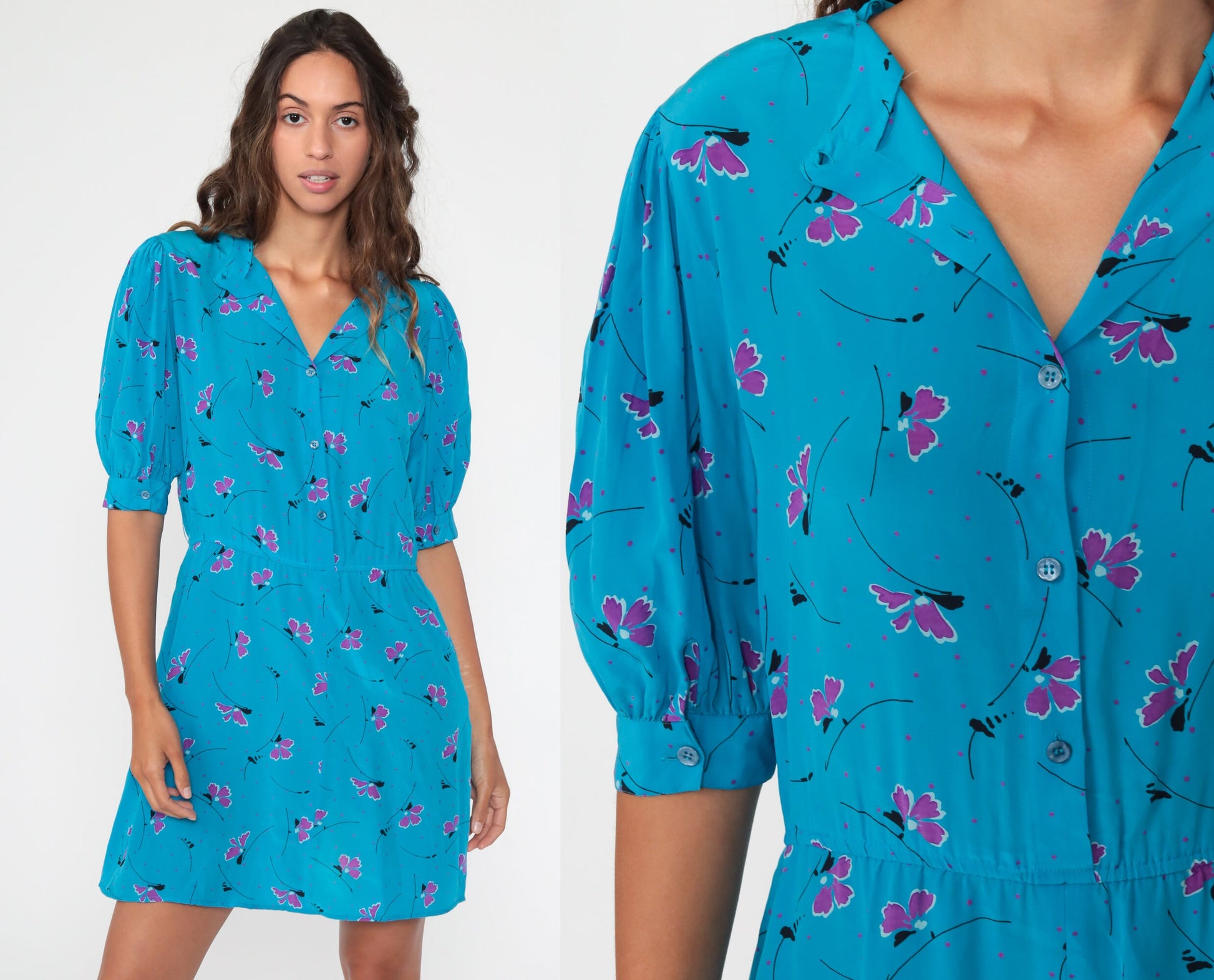 80s Blue Floral Puff Sleeve Mini Dress Button-Up Shirtwaist Small Medium