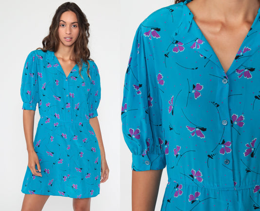 80s Blue Floral Puff Sleeve Mini Dress Button-Up Shirtwaist Small Medium