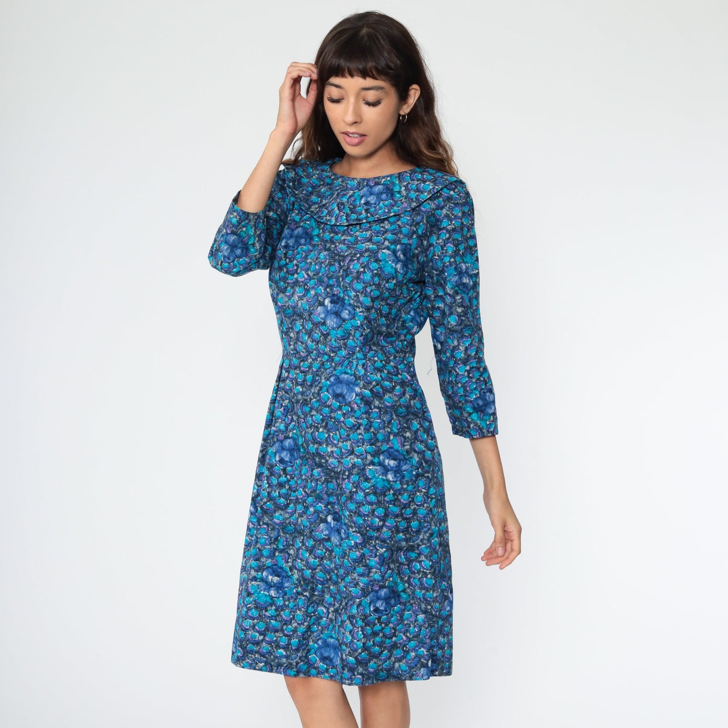 1960s Blue Floral Midi Dress 3/4 Sleeve High Waist Sheath Medium 8