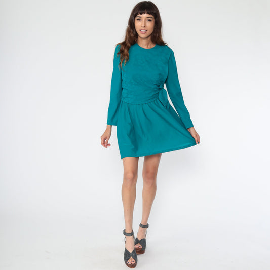 80s Teal Floral Mini Dress Puff Sleeve Fit and Flare Small Medium