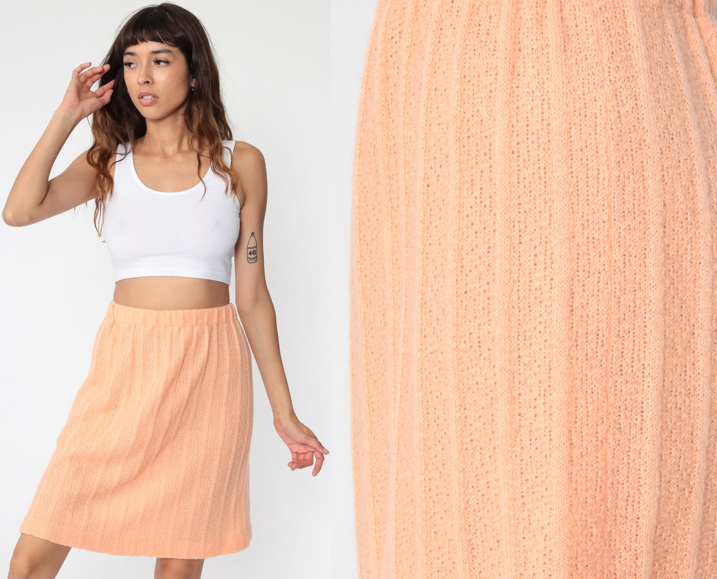 70s Peach Ribbed Knit Mini Skirt High Waist A-Line Small