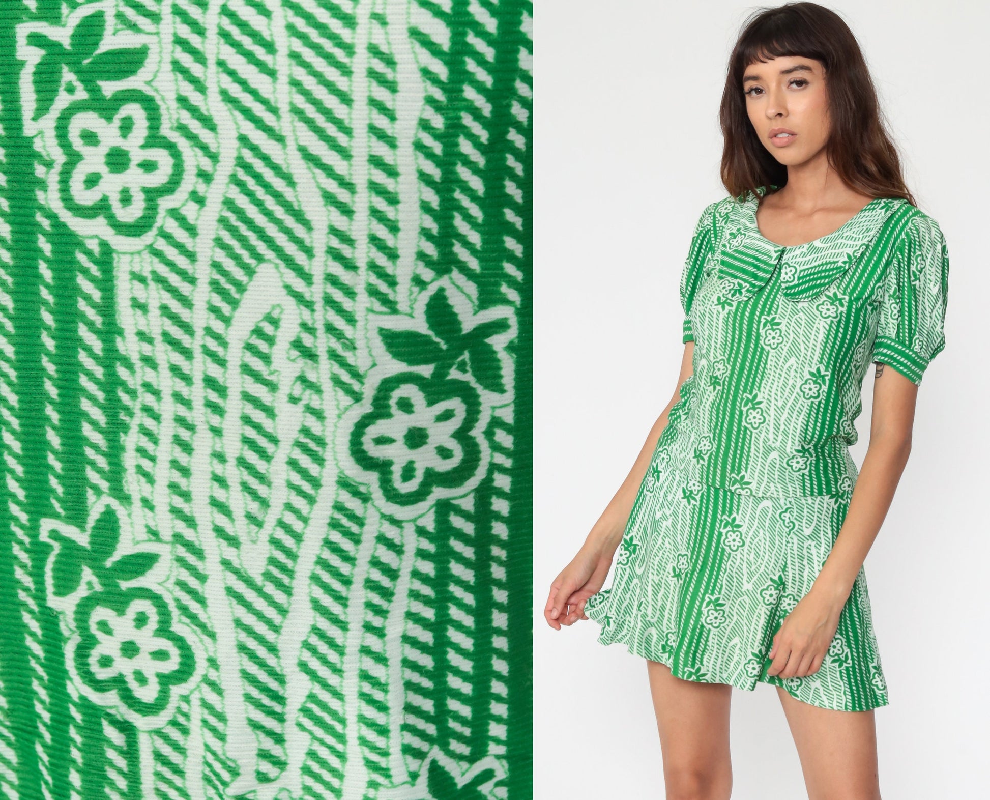70s Green Floral Two-Piece Mini Dress Set Puff Sleeve Peter Pan Collar Extra Small