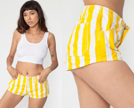 80s Striped Yellow Denim Shorts Mid Rise Jean Hotpants Small