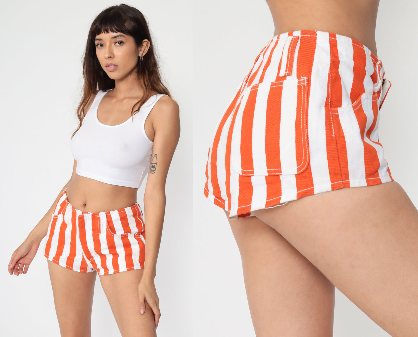 80s Striped Denim Shorts White Blue Cotton Jean Hotpants Small