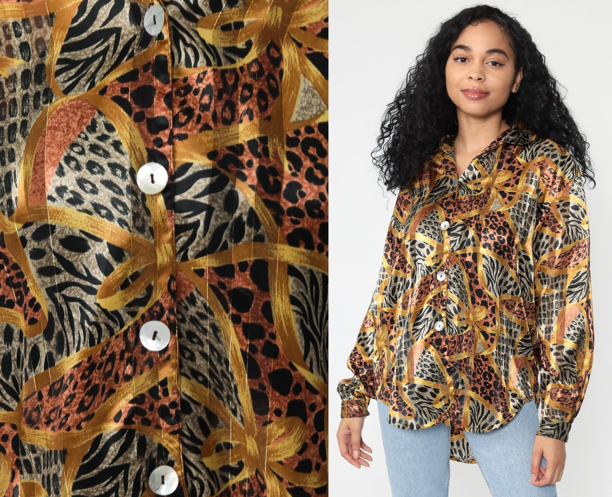 Leopard Print Blouse Gold Stripes Long Sleeve Button Up Medium